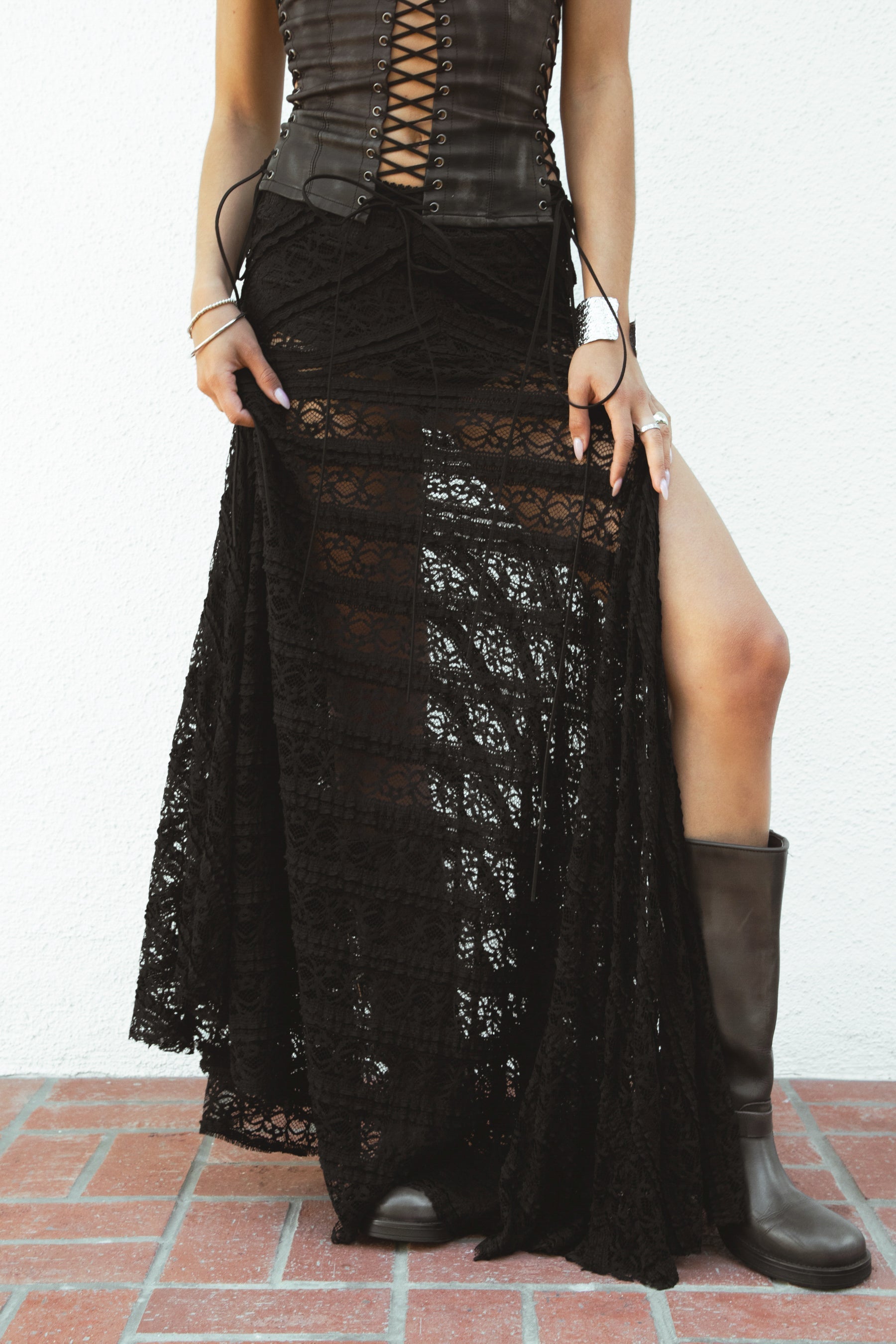 MARISS Flowy Stretch Lace Side Slit Maxi Skirt