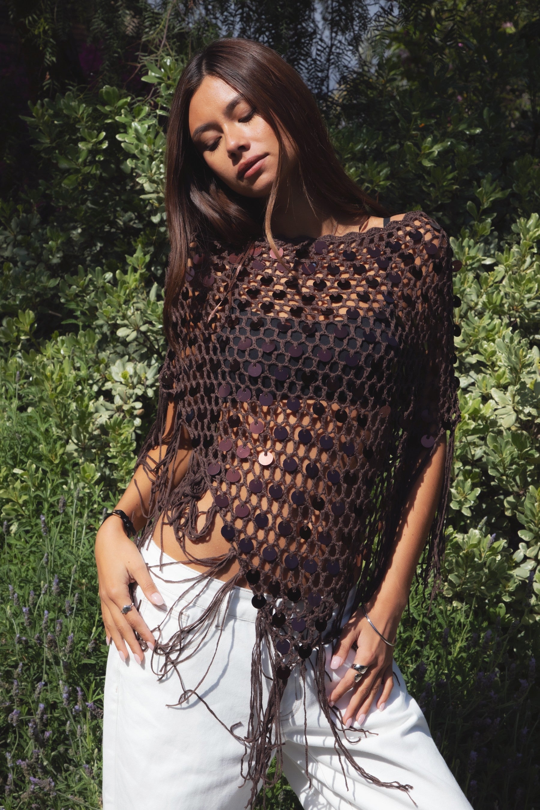 LUNARA Sequin Fringe Knit Poncho
