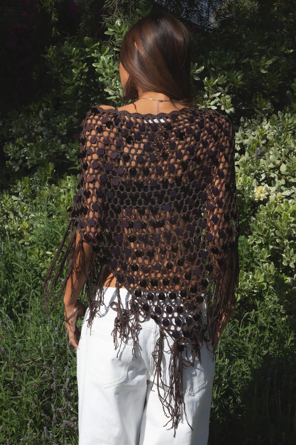 LUNARA Sequin Fringe Knit Poncho