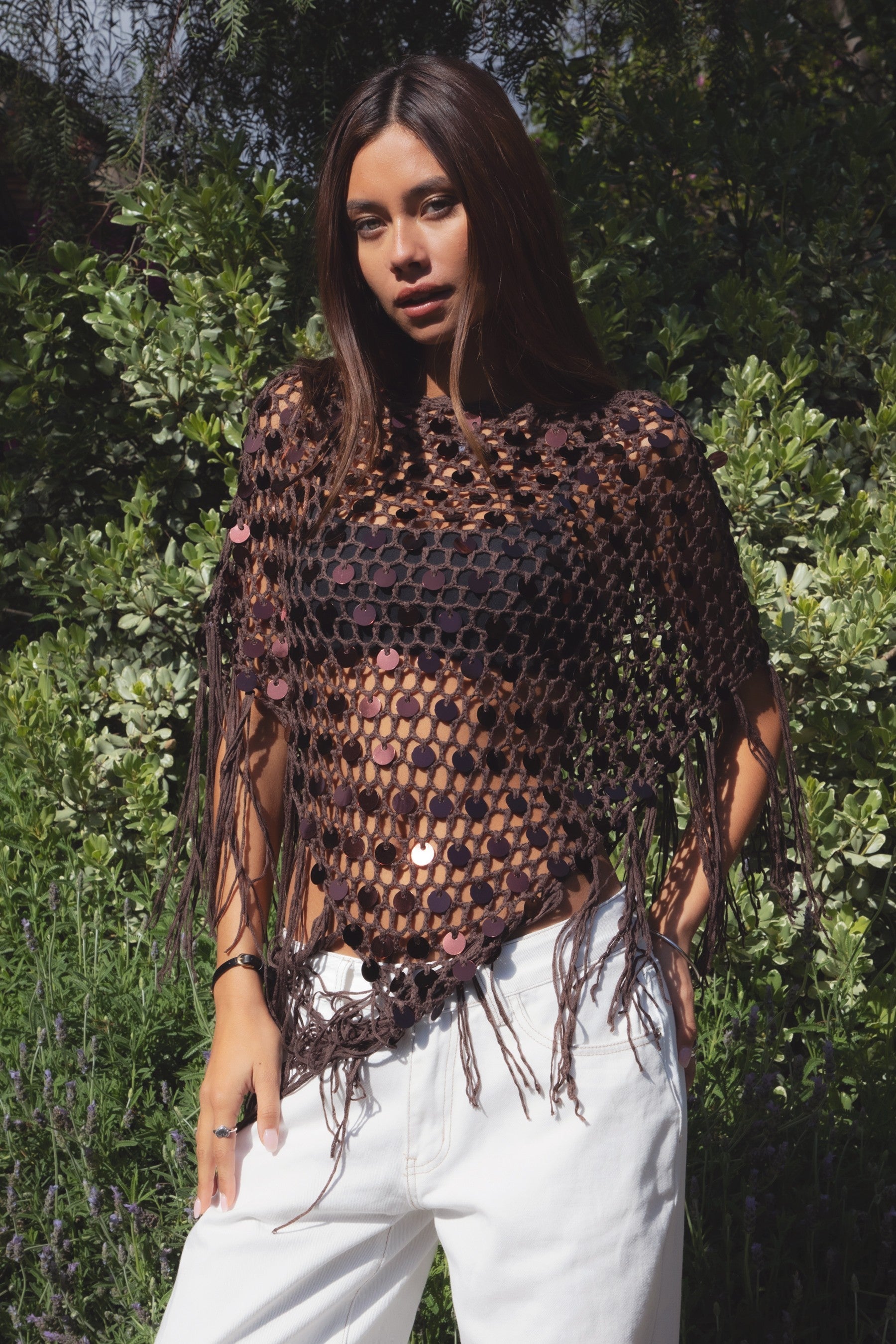 LUNARA Sequin Fringe Knit Poncho