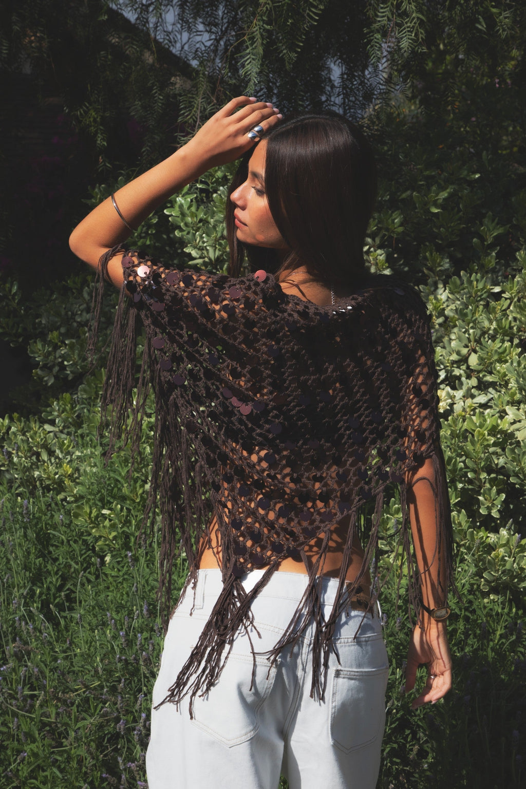 LUNARA Sequin Fringe Knit Poncho