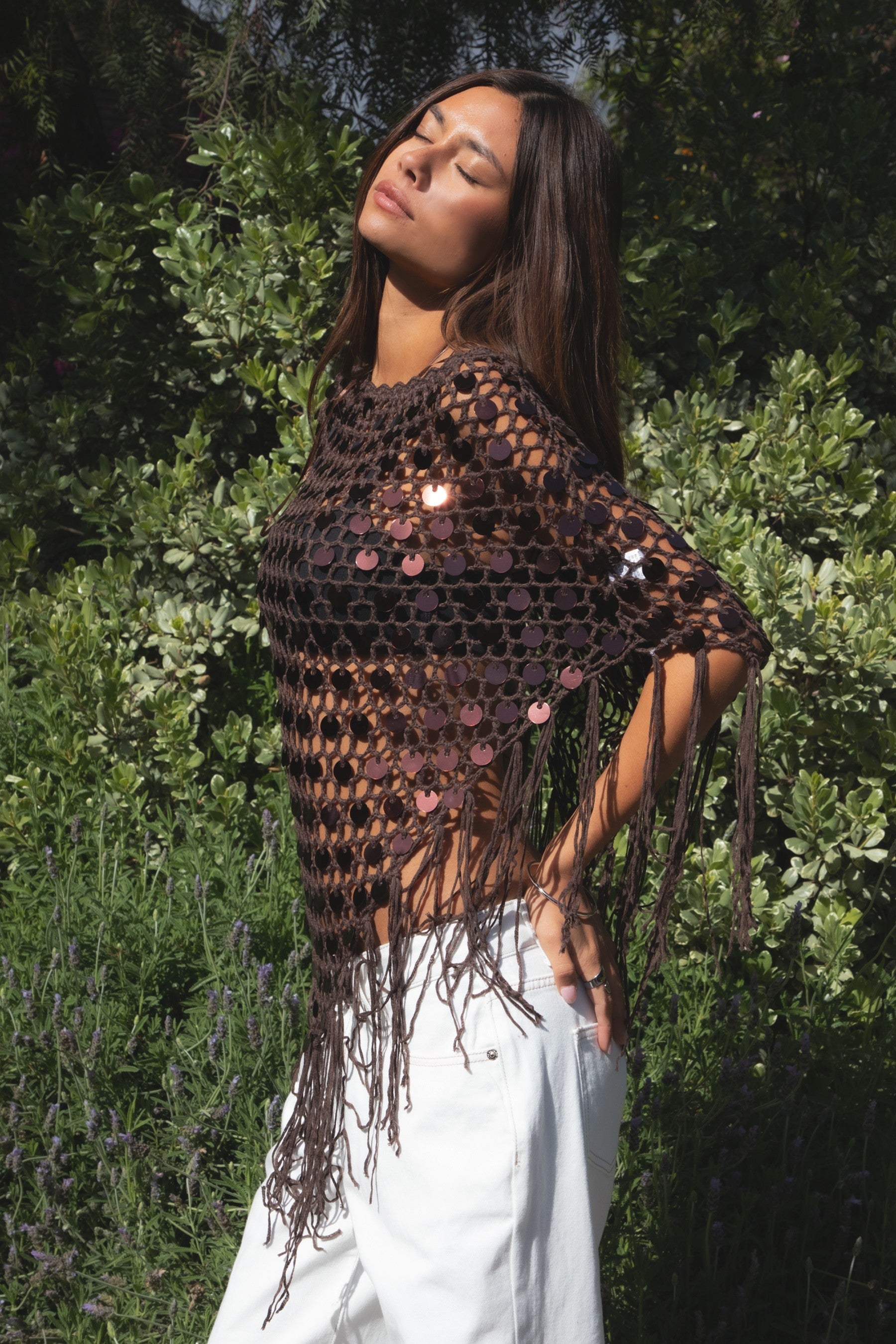 LUNARA Sequin Fringe Knit Poncho