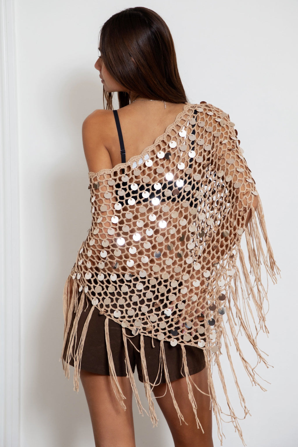 LUNARA Sequin Fringe Knit Poncho