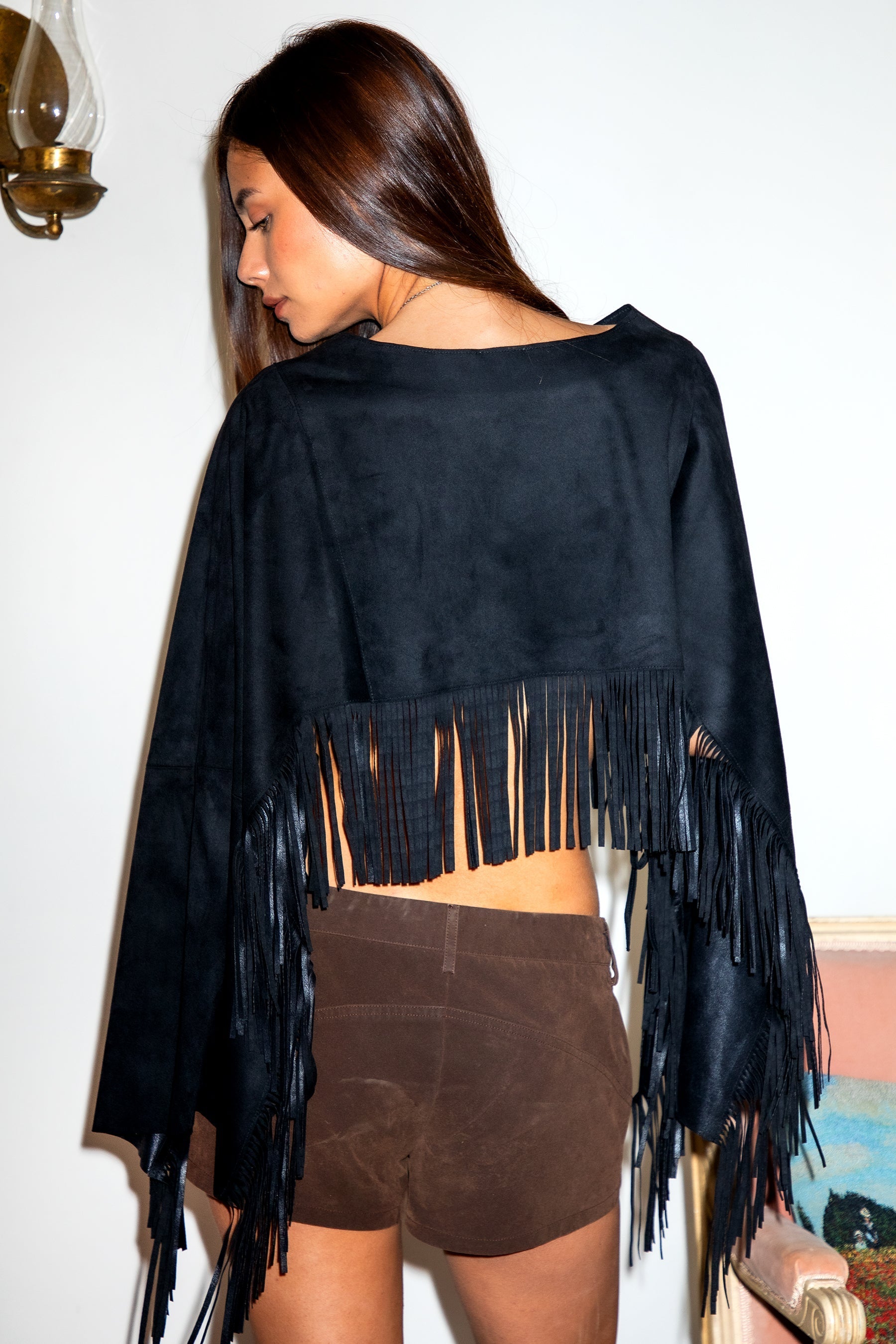 STALLION Faux Suede Cropped Flowy Fringe Poncho