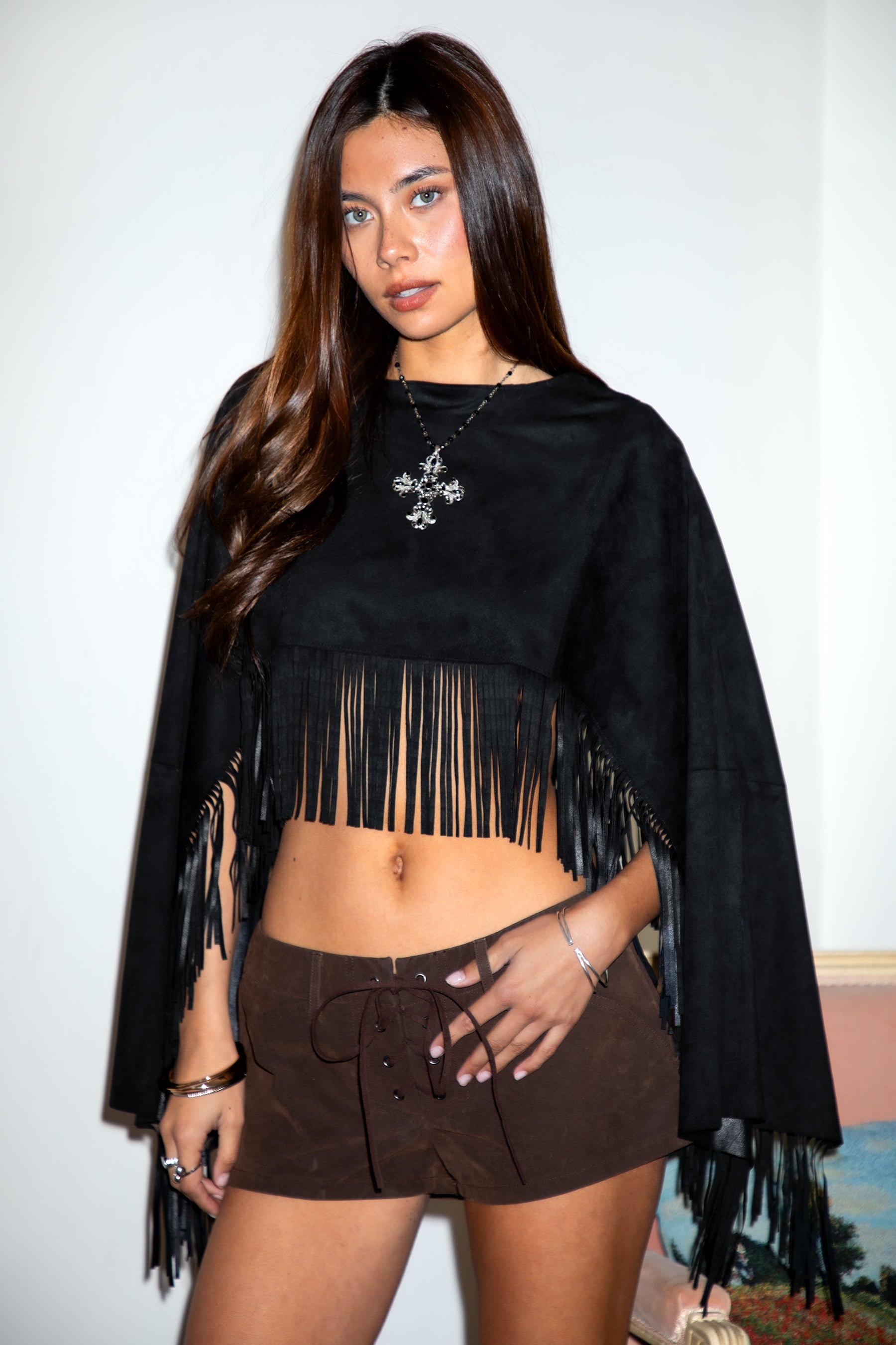 STALLION Faux Suede Cropped Flowy Fringe Poncho
