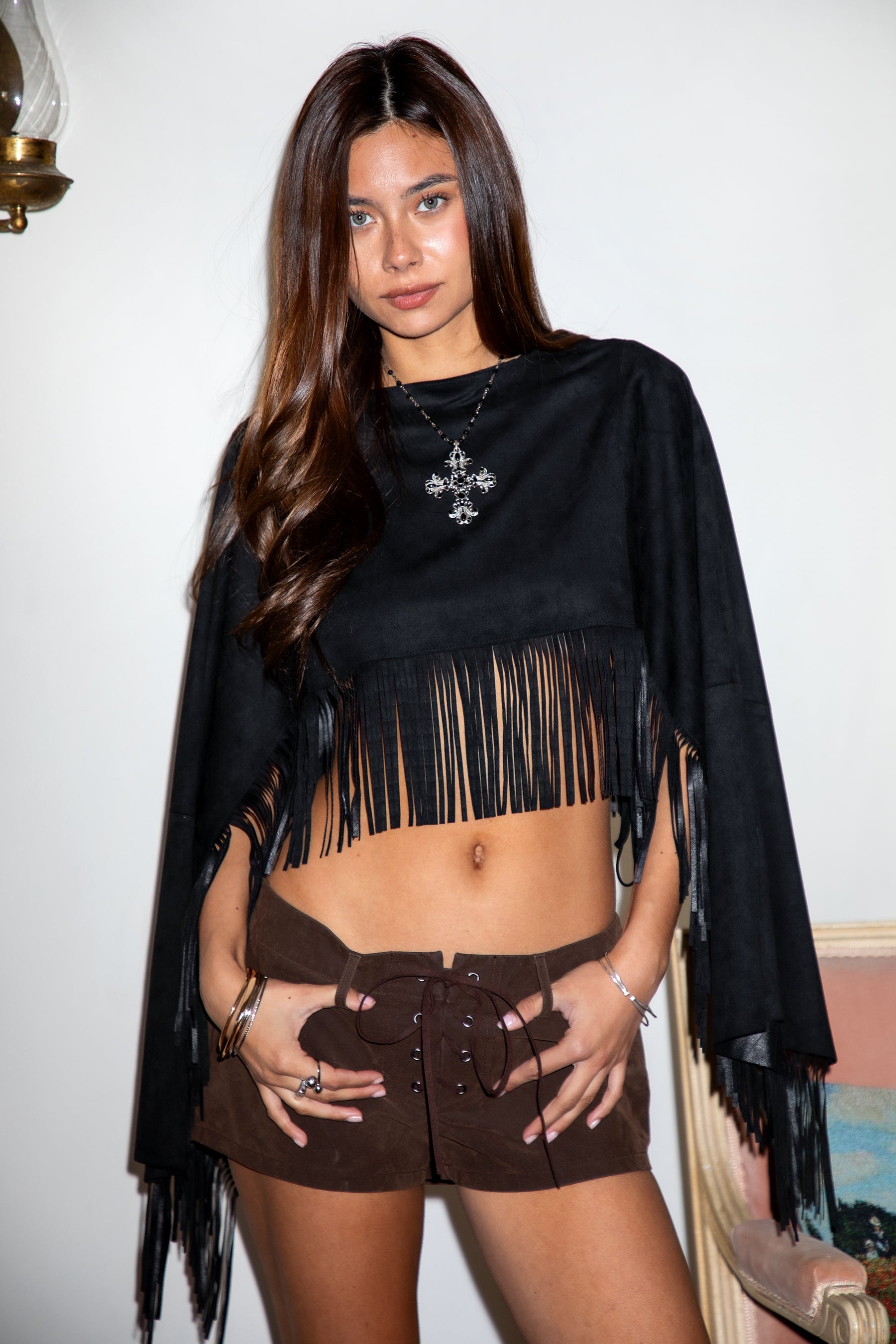 STALLION Faux Suede Cropped Flowy Fringe Poncho