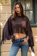 STALLION Faux Suede Cropped Flowy Fringe Poncho